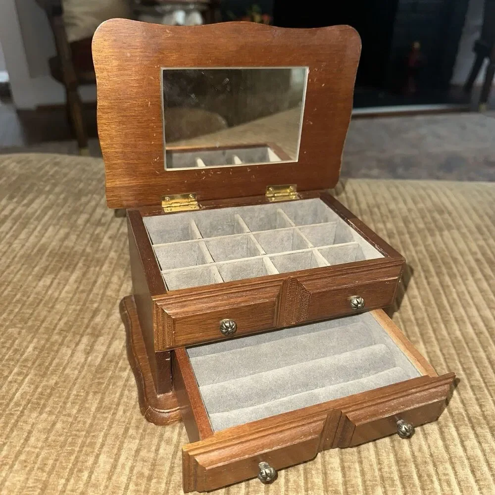 Vintage Small Wooden Jewelry Box w/ Mirror Velvet Lined Drawers Rectangle